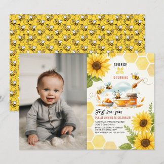 Invitation Abeille jaune mignonne et tournesol 1er Anniversai