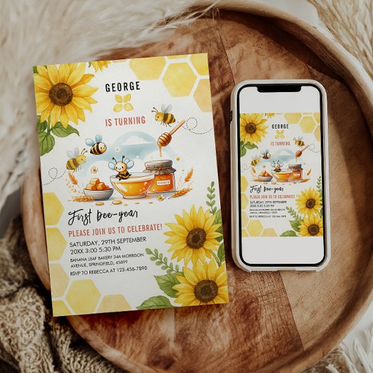 Invitation Abeille jaune mignonne et tournesol 1er Anniversai