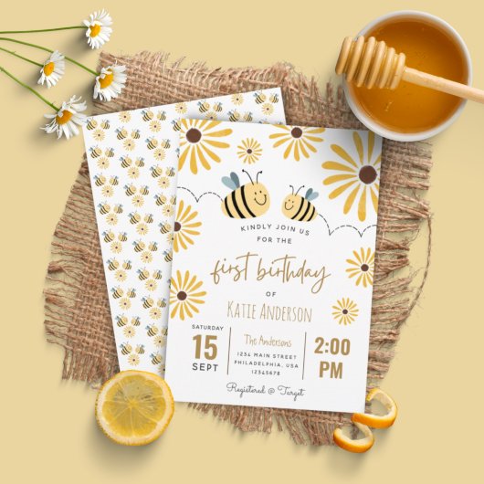 Invitation Abeille jaune mignonne et tournesol premier annive