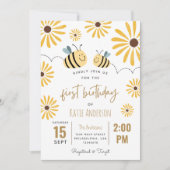 Invitation Abeille jaune mignonne et tournesol premier annive (Devant)
