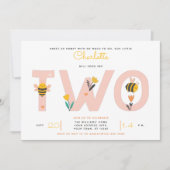 Invitation Abeille Jaune & rose Floral DEUX Baby's 2nd Birthd (Devant)