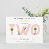Invitation Abeille Jaune & rose Floral DEUX Baby's 2nd Birthd (Debout devant)