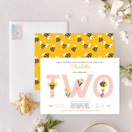 Invitation Abeille Jaune & rose Floral DEUX Baby's 2nd Birthd
