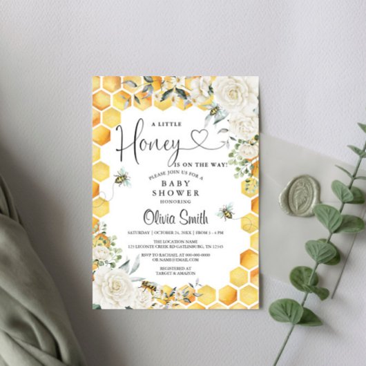 Invitation Abeille Un Petit Baby shower Floral Blanc
