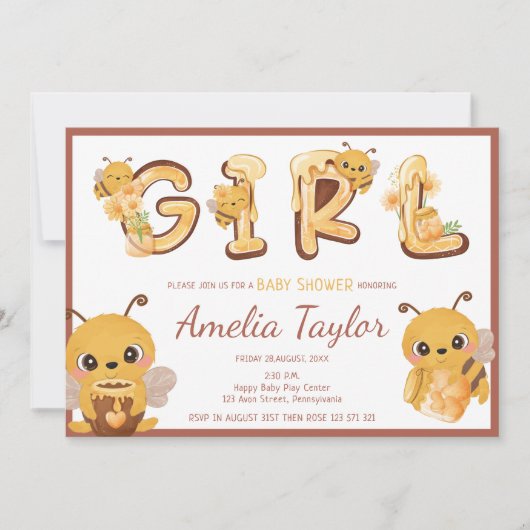 Invitation Abeilles et miel Fille lettres Baby shower (Devant)