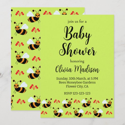 Invitation Abeilles Miel Fleurs rouges Abeille Baby shower (Devant / Derrière)