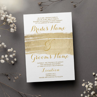 Invitation Abstract Artsy White Gold Brushstrokes Wedding