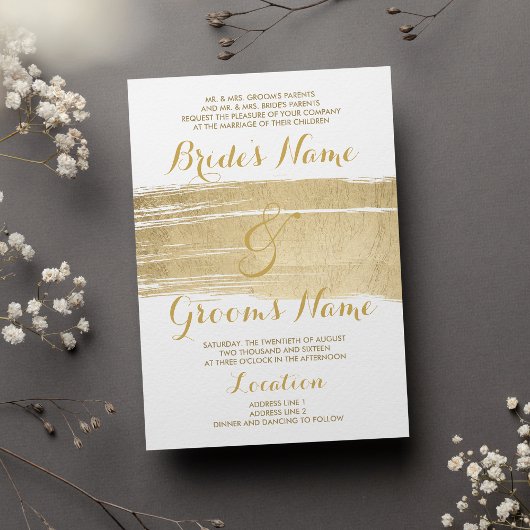 Invitation Abstract Artsy White Gold Brushstrokes Wedding