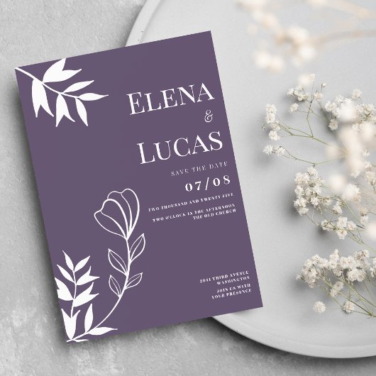 Invitation Abstract dusty purple white sketch floral wedding
