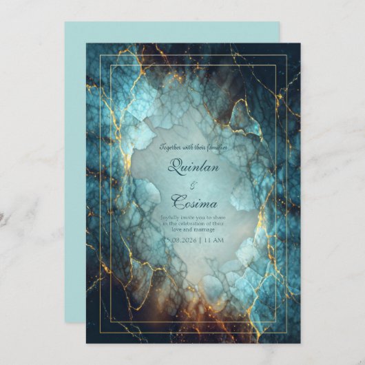 Invitation Abstract Teal Turquoise Gilded Geode Wedding (Devant / Derrière)