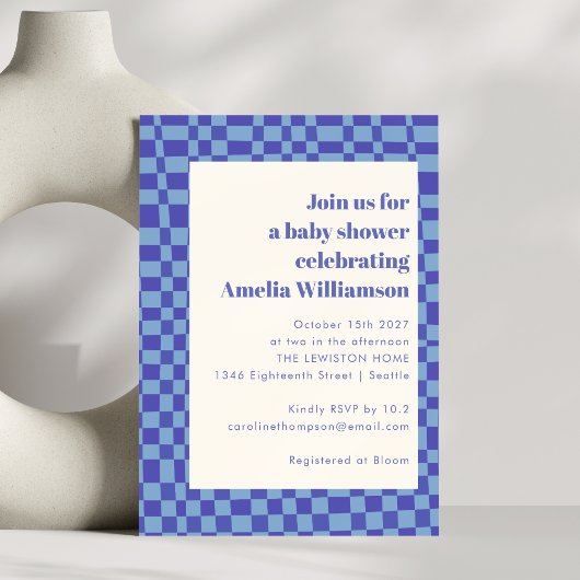 Invitation Abstrait Baby shower Art Blue Retro À damiers