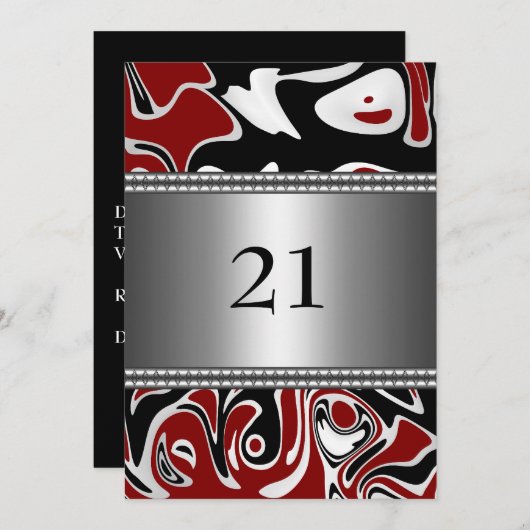Invitation Abstrait Black White Red Silver Trim 21e anniversa (Devant / Derrière)