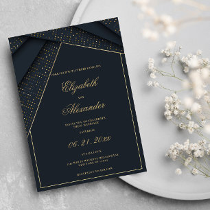 Invitation Abstrait bleu foncé élégant or mariage géométrique
