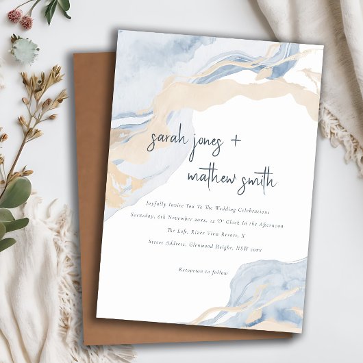 Invitation Abstrait Blue Beige Sea Waves Sand Beach Wedding