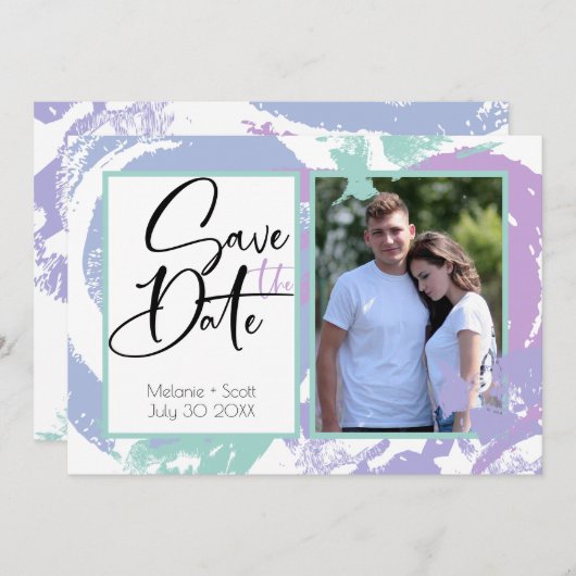 Invitation Abstrait Brush Strokes Turquoise Lilac Enregistrer (Devant / Derrière)