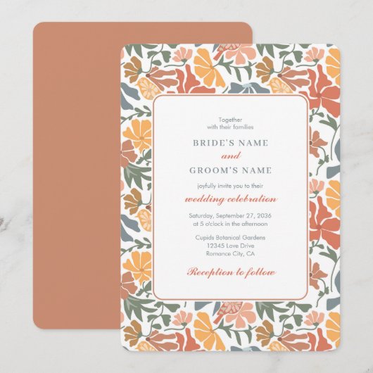Invitation Abstrait Floral & Oiseaux Mi-siècle Mariage modern (Devant / Derrière)