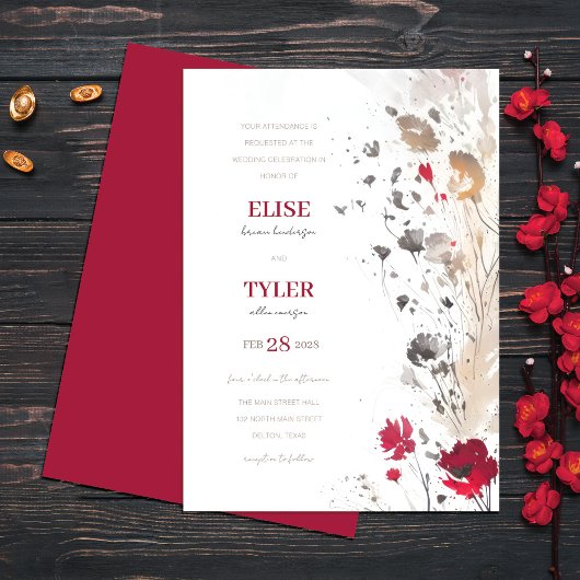 Invitation Abstrait Floral Red Earth Tone Mariage