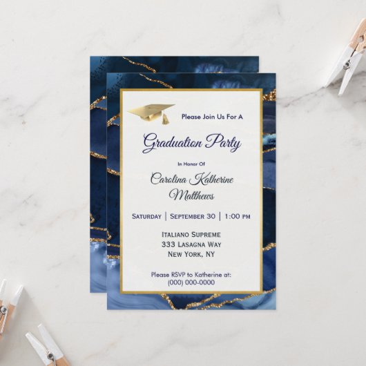 Invitation Abstrait Marine Blue Agate Gold Casquette Graduati (Devant/Arrière en situation)