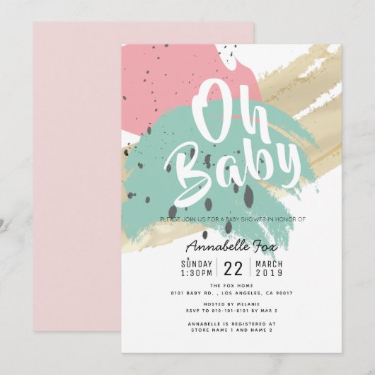 Invitation Abstrait Moderne Brush Strokes Baby shower rose (Devant / Derrière)