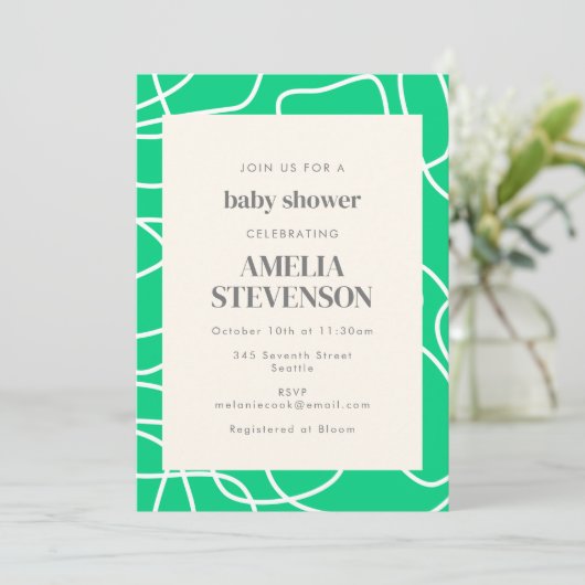 Invitation Abstrait Moderne Line Art Green Baby shower person (Debout devant)