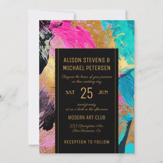 Invitation Abstrait moderne peinture écriture or mariage fonc (Devant)