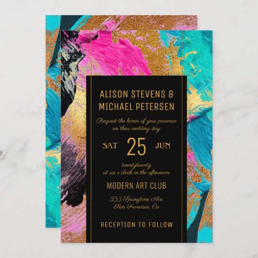 Invitation Abstrait moderne peinture écriture or mariage fonc (Devant / Derrière)