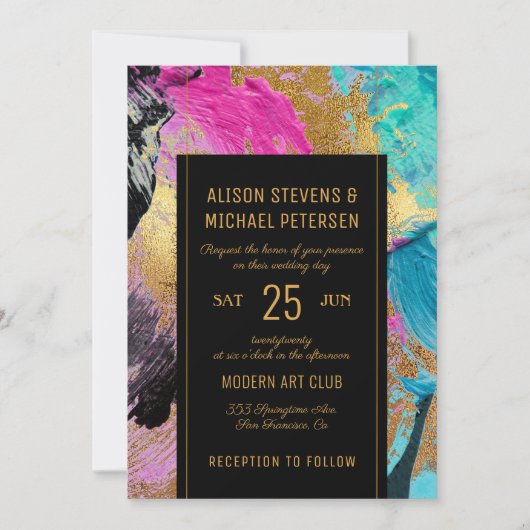 Invitation Abstrait moderne peinture écriture or mariage fonc (Devant)