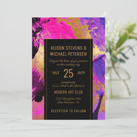Invitation Abstrait moderne peinture or script mariage rose (Debout devant)