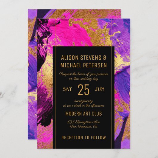 Invitation Abstrait moderne peinture or script mariage rose (Devant / Derrière)