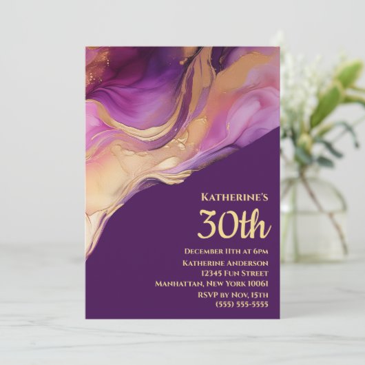 Invitation Abstrait moderne rose violet et or (Debout devant)
