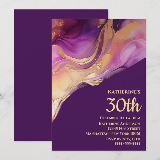 Invitation Abstrait moderne rose violet et or (Devant / Derrière)