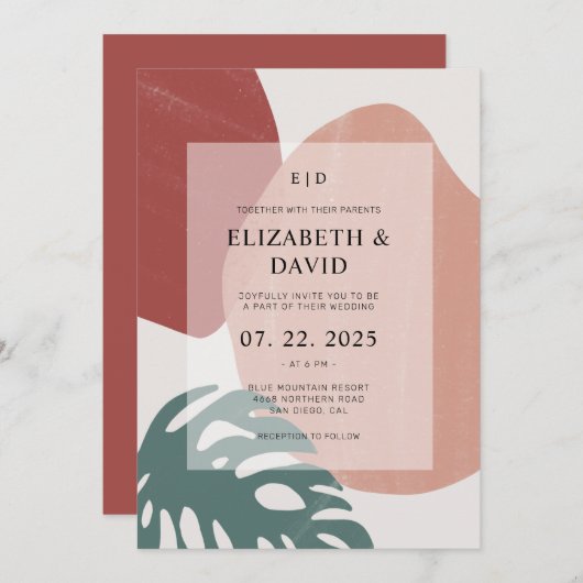 Invitation Abstrait Monstera Leaf en terre cuite Mariage mode (Devant / Derrière)