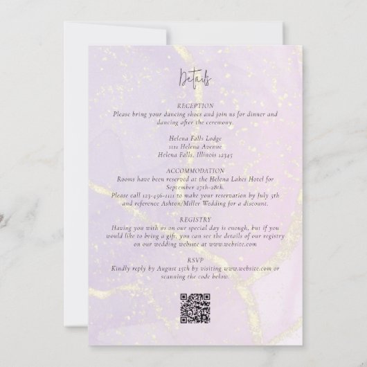 Invitation Abstrait or violet unique tout en un Mariage QR (Dos)