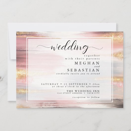 Invitation Abstrait Paint Strokes Blush Gold Charcoal (Devant)