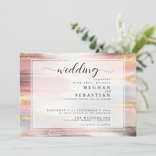 Invitation Abstrait Paint Strokes Blush Gold Charcoal (Debout devant)