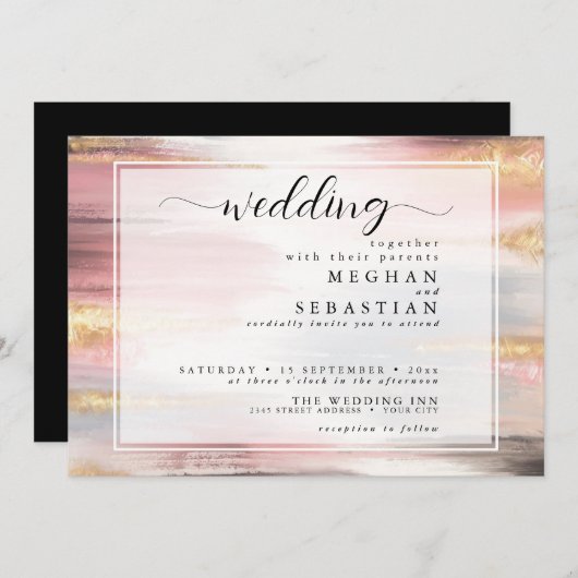 Invitation Abstrait Paint Strokes Blush Gold Charcoal (Devant / Derrière)