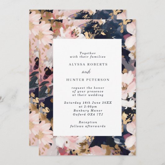 Invitation Abstrait Painterly Blush & Navy Floral Mariage (Devant / Derrière)