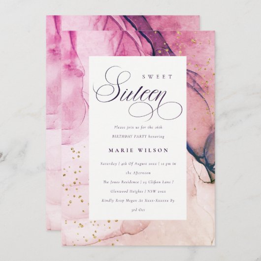 Invitation Abstrait Pastel rose violet marine douce 16 Annive (Devant / Derrière)