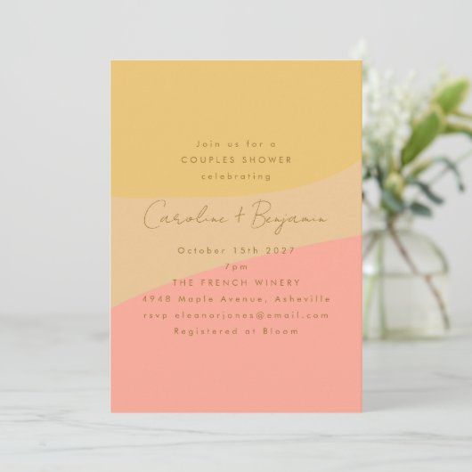 Invitation Abstrait Peach Yellow Boho Formes Couples Douche (Debout devant)