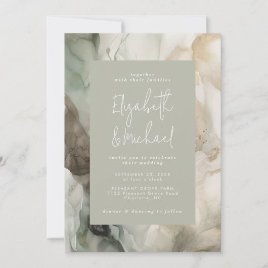 Invitation Abstrait Peint moderne Sage Mariage vert (Devant)