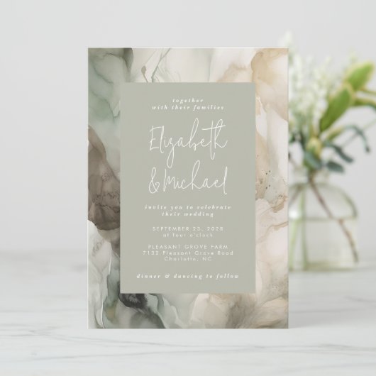 Invitation Abstrait Peint moderne Sage Mariage vert (Debout devant)