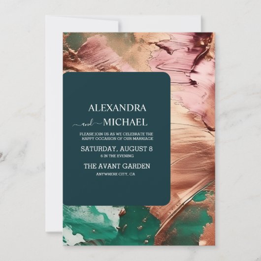 Invitation Abstrait rose vert émeraude mariage or (Devant)