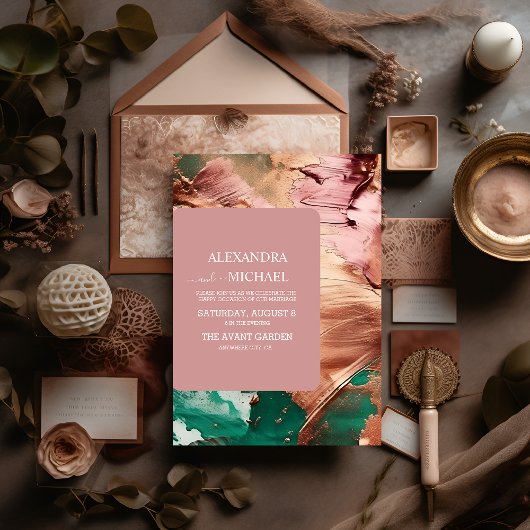 Invitation Abstrait rose vert émeraude mariage or