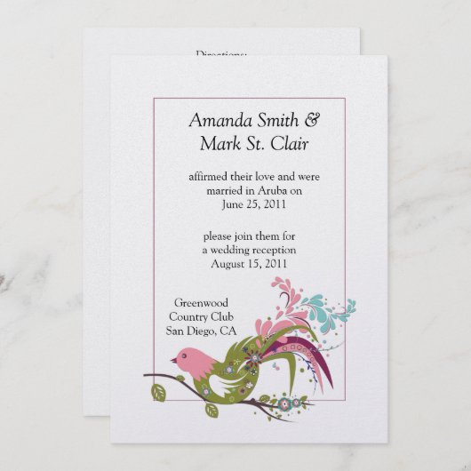 Invitation Abstrait rose violet vert ornithologique brunes po (Devant / Derrière)