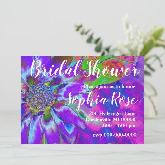 Invitation Abstrait tournesol à fleurs bleu violet rétro funk (Debout devant)