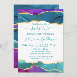 Invitation Abstraite Soie rose Turquoise Gold Surprise Party