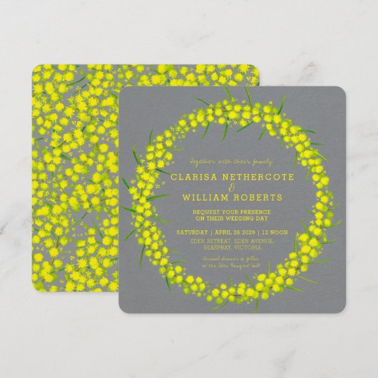 Invitation Acacia wattle art floral jaune gris mariage (Devant / Derrière)