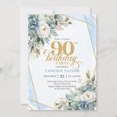 Invitation Accents floraux dorés bleu clair chic 90ème annive (Devant)