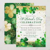 Invitation Accents pailletés or et trèfles de Saint-Patrick (Devant / Derrière)