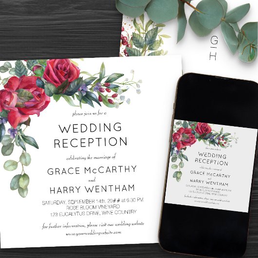 Invitation Accueil de mariage Rose rouge et Eucalyptus unique